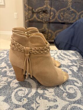 XOXO Taupe Suede Peep-Toe Ankle Booties with Braided Tassel
